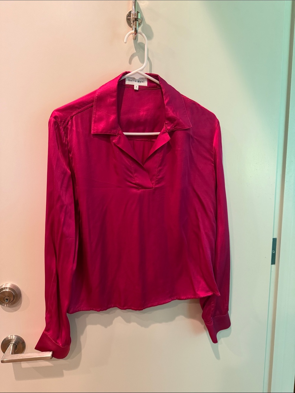 Fuchsia Satin Long-Sleeve Blouse